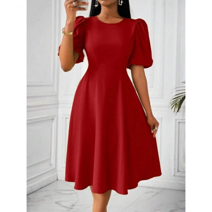 Kadın Kısa Balon Kollu Bisiklet Yaka Kiloş Janjan Krep Elbise