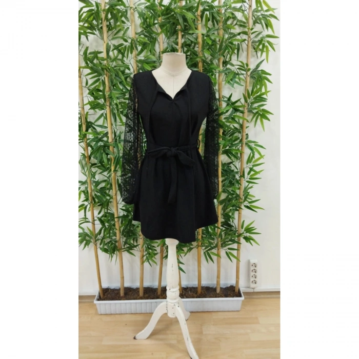 Kadın Uzun Kollu Yakadan Bağcıklı Belden Kuşaklı Ithal Krep Elbise