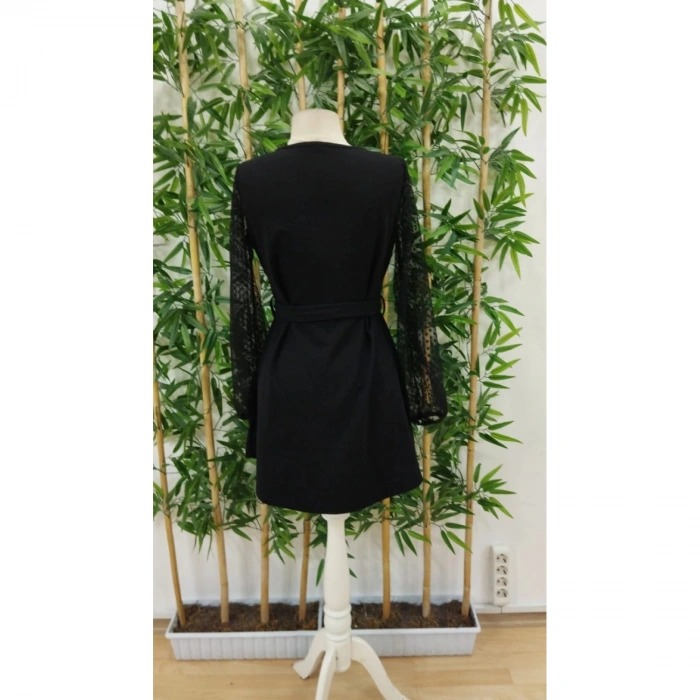 Kadın Uzun Kollu Yakadan Bağcıklı Belden Kuşaklı Ithal Krep Elbise