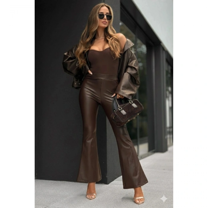 Kadın Yüksek Bel İspanyol Paçalı Deri Pantolon