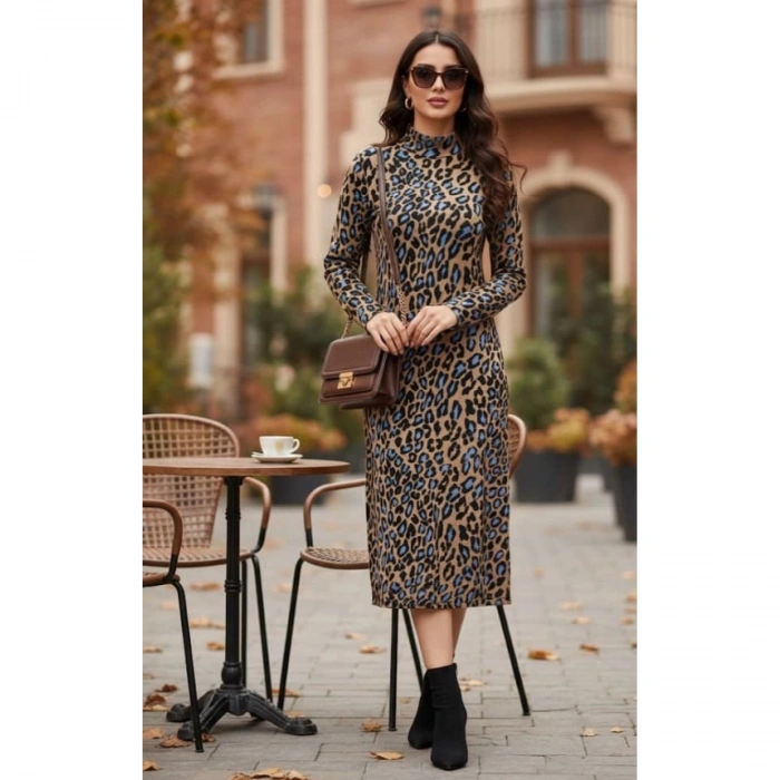 Kadın Uzun Kollu Balıkçı Yaka Leopar Desenli Midi Boy Elbise