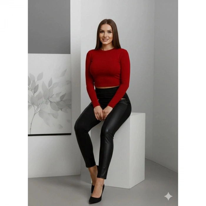 Kadın Yüksek Bel Deri Detaylı Fermuarlı Dalgıç Tayt