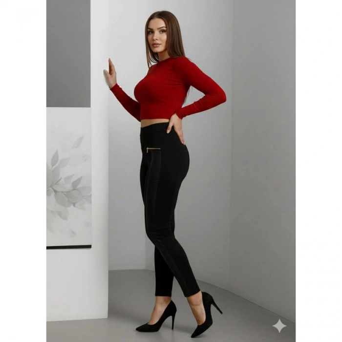 Kadın Yüksek Bel Deri Detaylı Fermuarlı Dalgıç Tayt