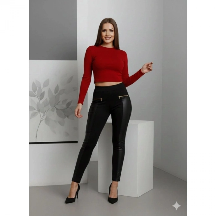 Kadın Yüksek Bel Deri Detaylı Fermuarlı Dalgıç Tayt