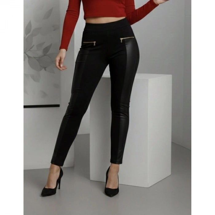 Kadın Yüksek Bel Deri Detaylı Fermuarlı Dalgıç Tayt