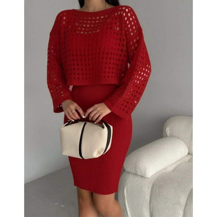 Kadın Uzun Kollu Delikli Kazak Askılı Elbise Triko Ikili Takım