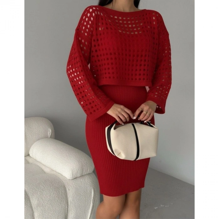 Kadın Uzun Kollu Delikli Kazak Askılı Elbise Triko Ikili Takım