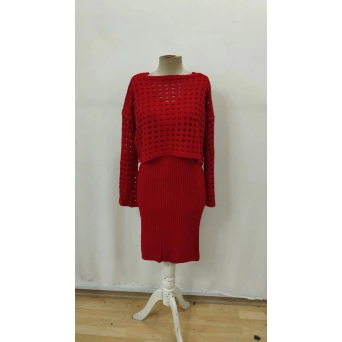 Kadın Uzun Kollu Delikli Kazak Askılı Elbise Triko Ikili Takım