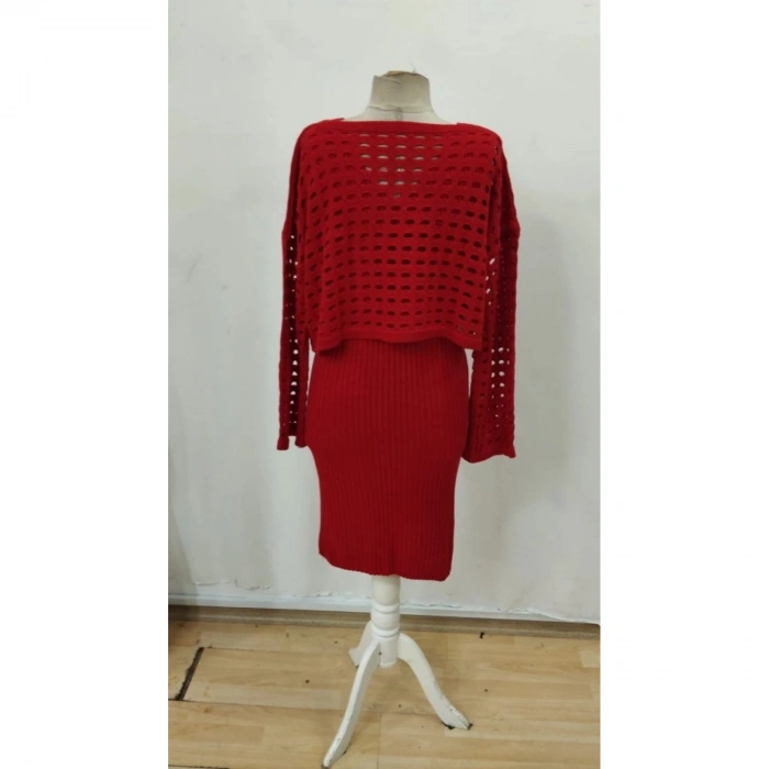 Kadın Uzun Kollu Delikli Kazak Askılı Elbise Triko Ikili Takım