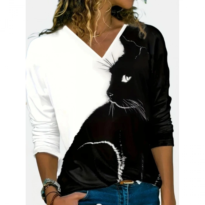 Kadın Uzun Kollu V Yakalı Kedi Baskılı şardonlu Dalgıç Bluz