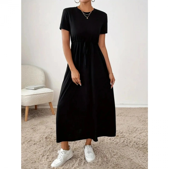 Kadın Kısa Kollu Bisiklet Yaka Belden Bağcıklı Cepli Viskon Elbise