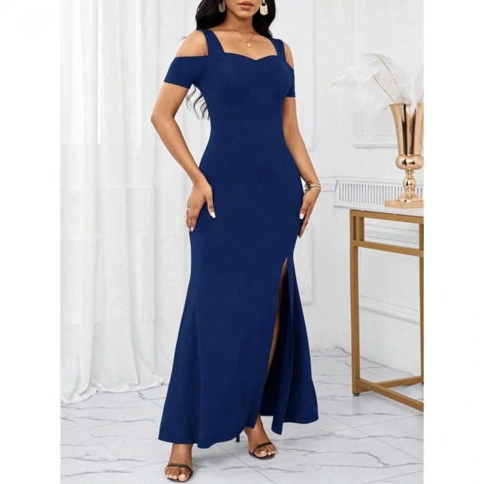 Kadın Omuzlardan Açık Askılı Yırtmaç Detaylı Uzun Ithal Krep Elbise