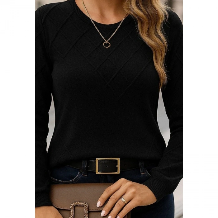 Kadın Uzun Kollu Bisiklet Yaka Geometrik Desenli Triko Bluz