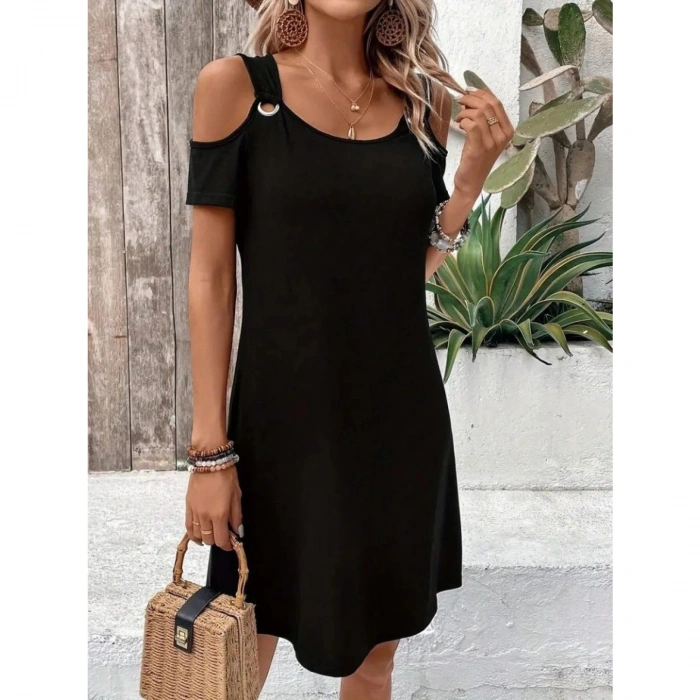 Kadın Askılı Omuzlardan Açık Kısa Kollu Kuş Gözü Detaylı Viskon Elbise