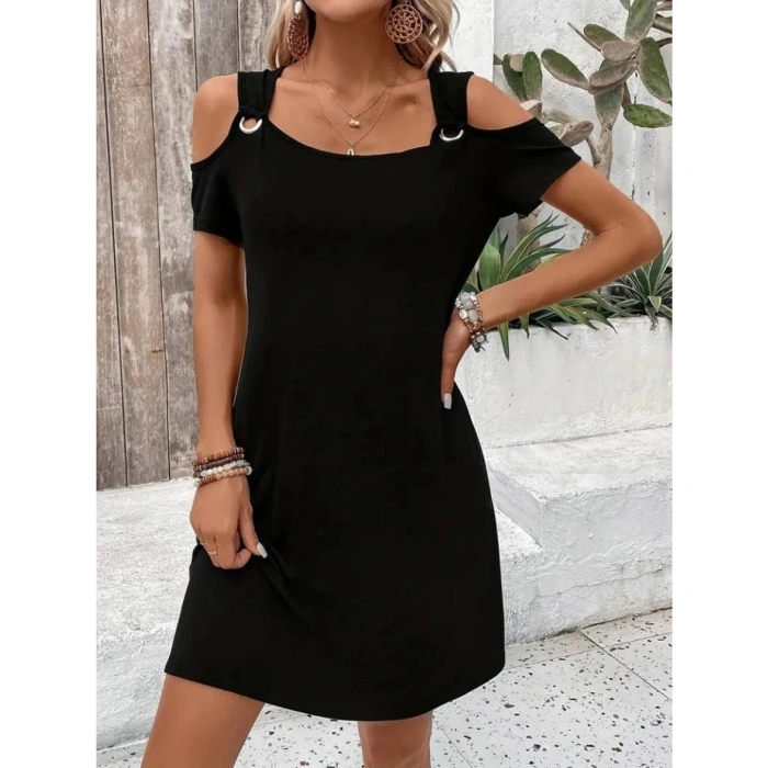 Kadın Askılı Omuzlardan Açık Kısa Kollu Kuş Gözü Detaylı Viskon Elbise