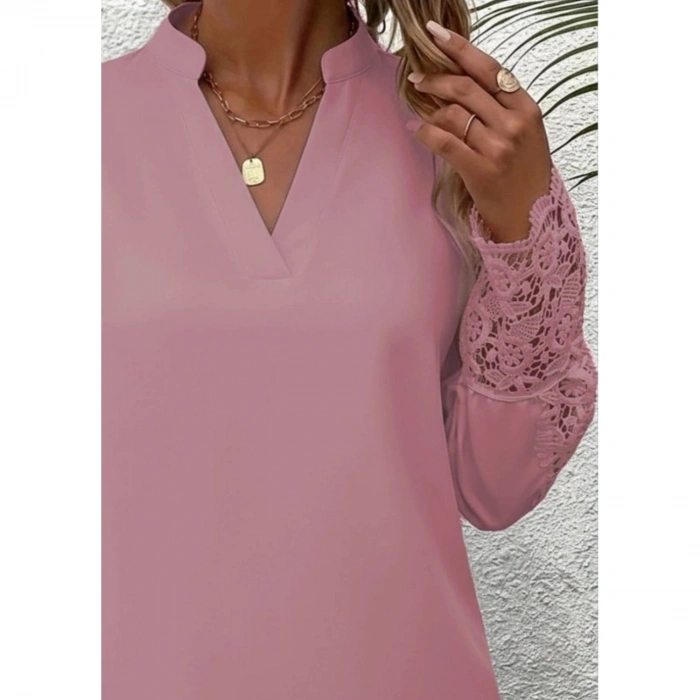 Kadın Uzun Kollu Hakim Yaka Kolları Dantel Detaylı Ithal Krep Bluz