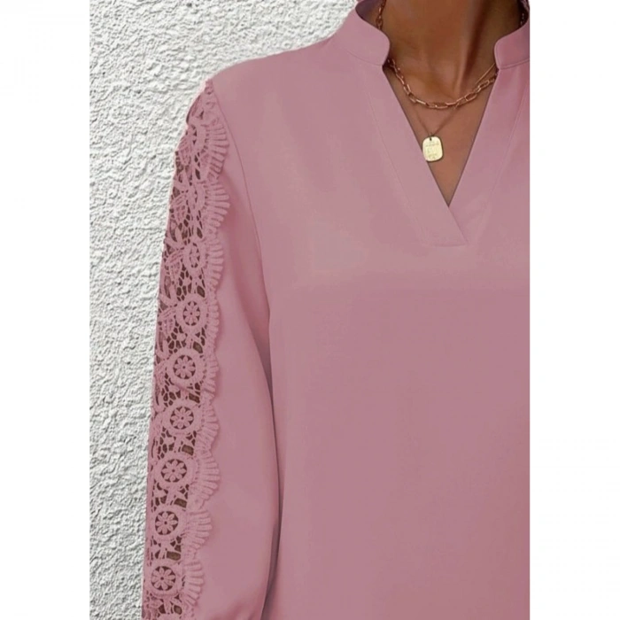 Kadın Uzun Kollu Hakim Yaka Kolları Dantel Detaylı Ithal Krep Bluz