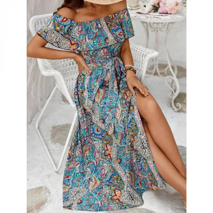 Kadın Kısa Kollu Madonna Yaka Fırfırlı Belden Yırtmaçlı Maksi Süprem Elbise