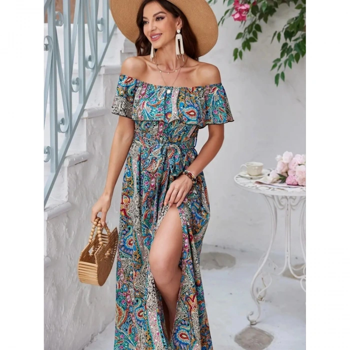 Kadın Kısa Kollu Madonna Yaka Fırfırlı Belden Yırtmaçlı Maksi Süprem Elbise