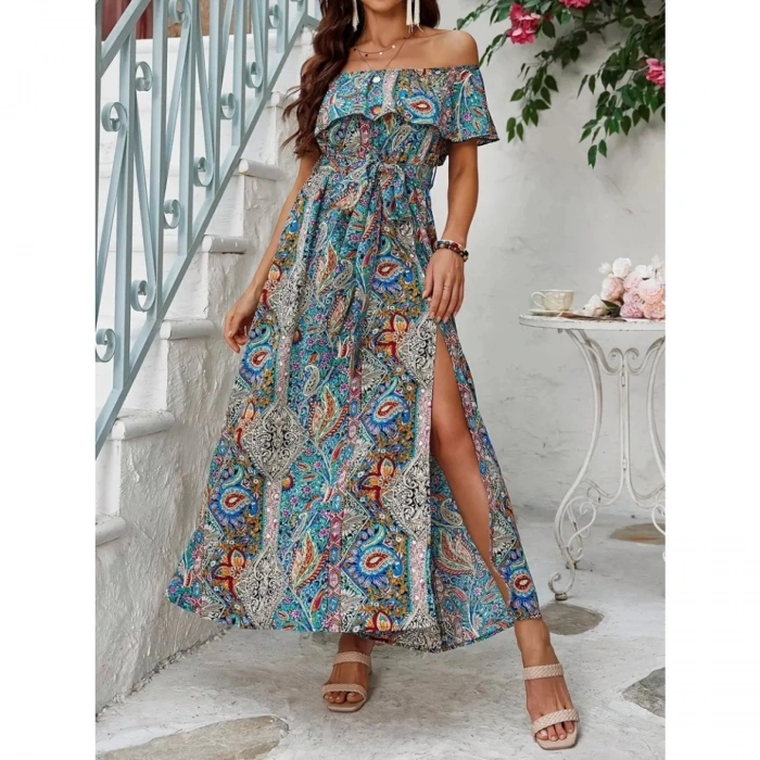 Kadın Kısa Kollu Madonna Yaka Fırfırlı Belden Yırtmaçlı Maksi Süprem Elbise