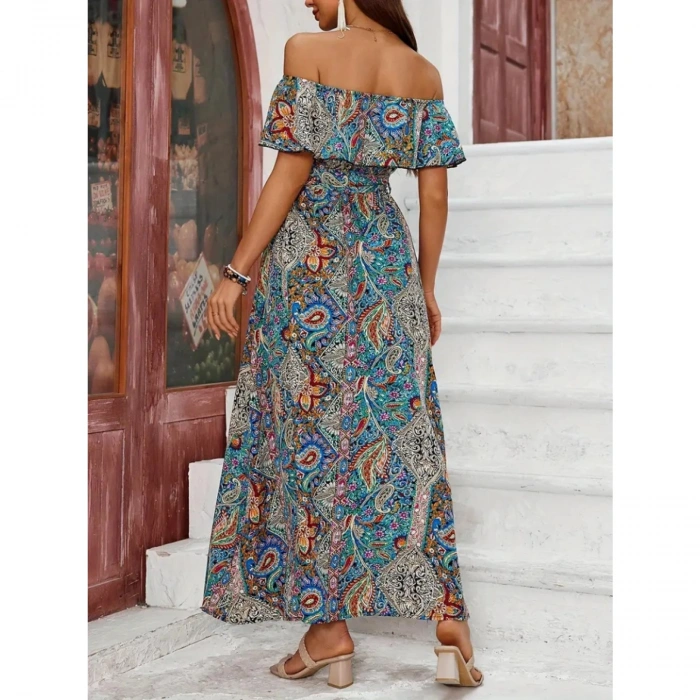 Kadın Kısa Kollu Madonna Yaka Fırfırlı Belden Yırtmaçlı Maksi Süprem Elbise