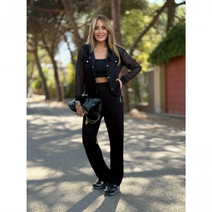 Kadın Uzun Kollu Tül Detaylı önü Düğmeli Viskon Iki Iplik Ceket Ve Pantolon Ikili Takım