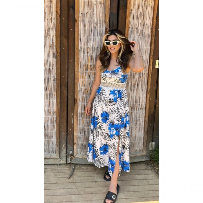 Kadın Ip Askılı V Yakalı Bel Güpür çiçek Desenli Yandan Yırtmaçlı Maksi Süprem Elbise