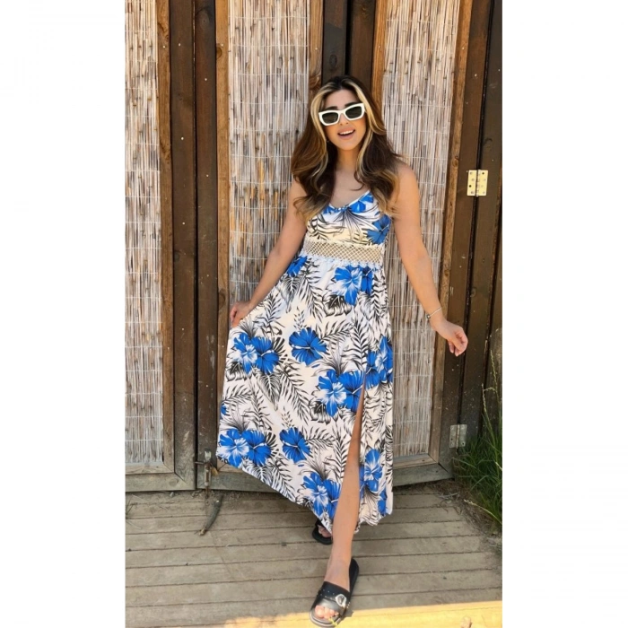 Kadın Ip Askılı V Yakalı Bel Güpür çiçek Desenli Yandan Yırtmaçlı Maksi Süprem Elbise