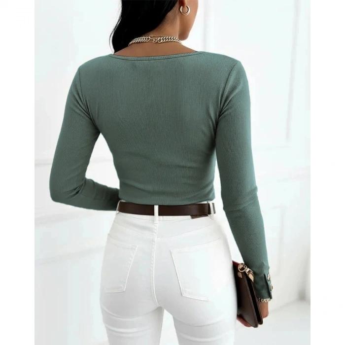 Kadın Uzun Kollu Yakadan Açık Ve Düğme Detaylı Kaşkorse çağla Yeşili Bluz