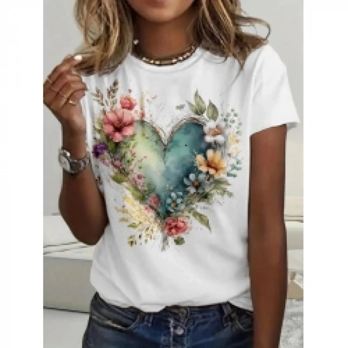 Kadın Kısa Kollu Bisiklet Yaka Kalp Desenli Süprem Bluz