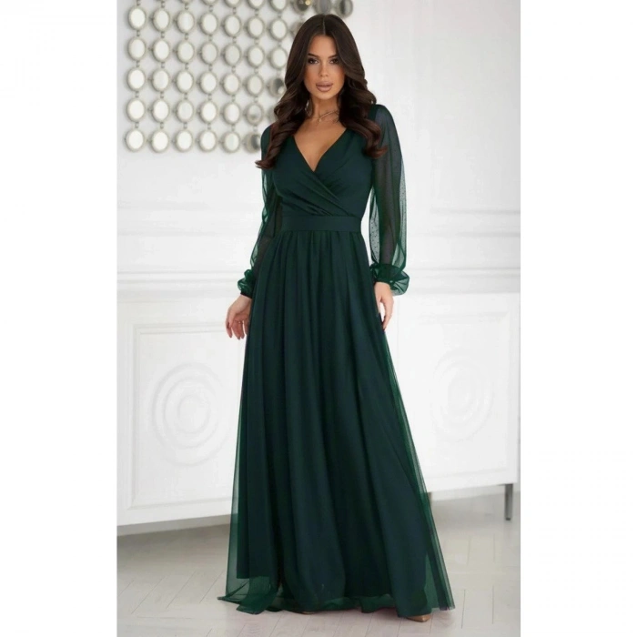 Kadın Uzun Kollu Kruvaze Yakalı Belden Kuşaklı Tüllü Uzun Ithal Krep Elbise