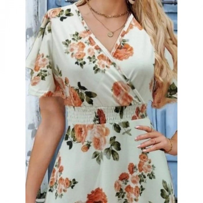 Kadın Kısa Kollu Kruvaze Yakalı Desenli Süprem Kısa Elbise