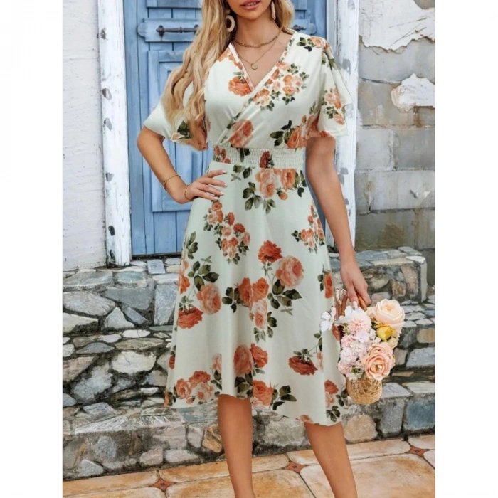 Kadın Kısa Kollu Kruvaze Yakalı Desenli Süprem Kısa Elbise