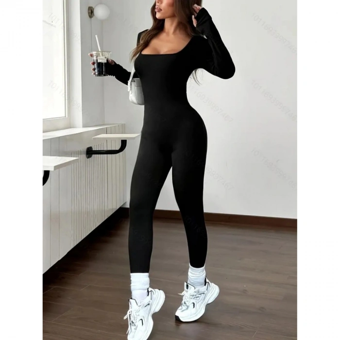 Kadın Uzun Kollu Kare Yakalı Fermuarlı Parmaktan Geçmeli Dalgıç Tulum