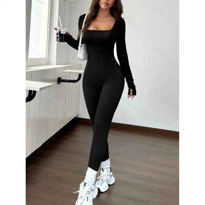 Kadın Uzun Kollu Kare Yakalı Fermuarlı Parmaktan Geçmeli Dalgıç Tulum