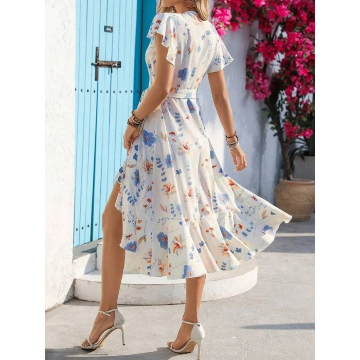 Kadın Kısa Kelebek Kollu Kruvaze Yakalı Belden Kuşaklı Midi Süprem Elbise