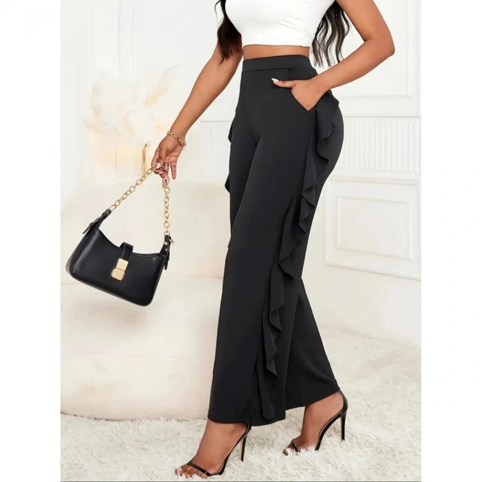 Kadın Yüksek Bel Yanları Volanlı Cepli Sandy Pantolon