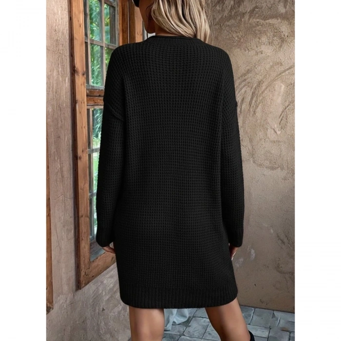 Kadın Uzun Kollu V Yakalı Düğmeli Mini Triko Elbise