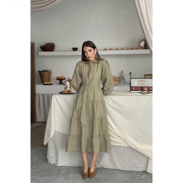 Ekru Çizgi Desenli Uzun Elbise