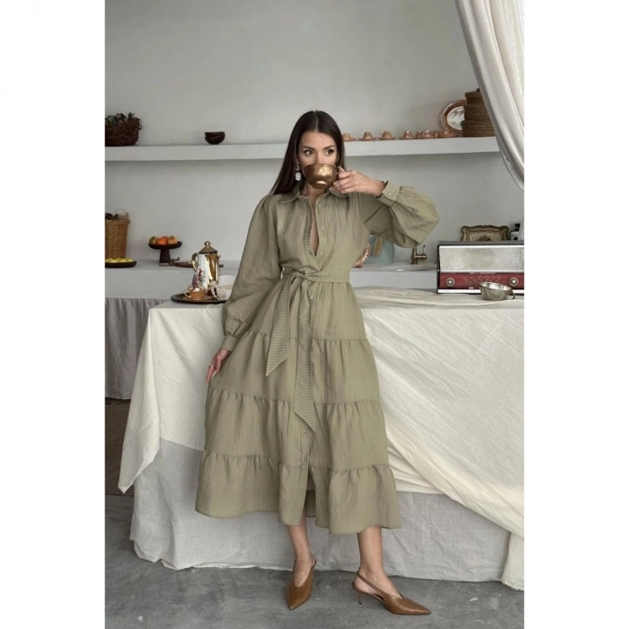 Ekru Çizgi Desenli Uzun Elbise