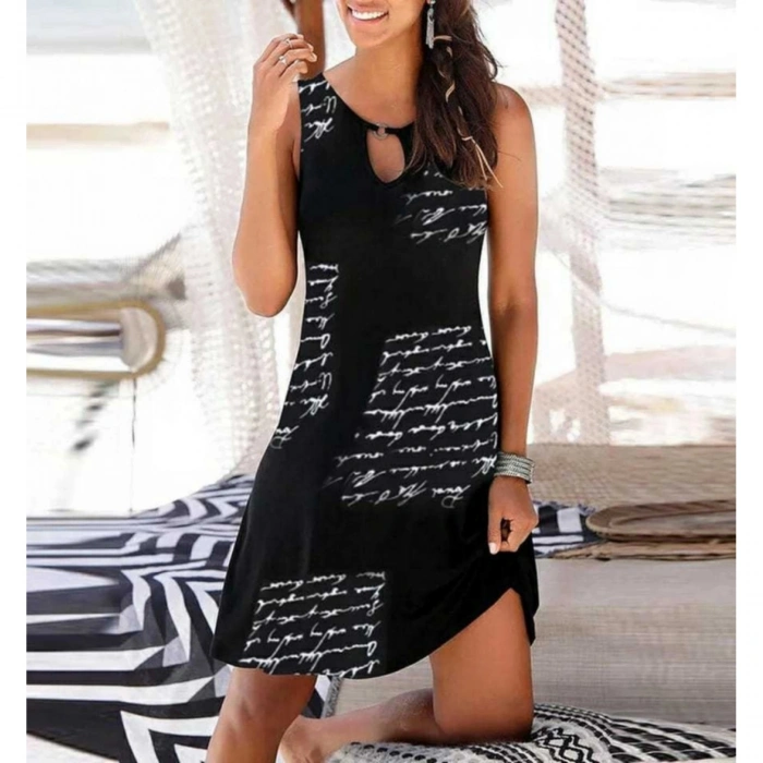 Kadın Kolsuz Halka Detay Mektup Desenli Mikro Elbise