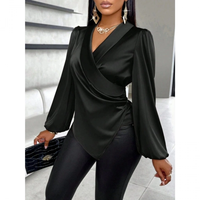 Kadın Uzun Kollu Kruvaze Yakalı Asimetrik Saten Bluz