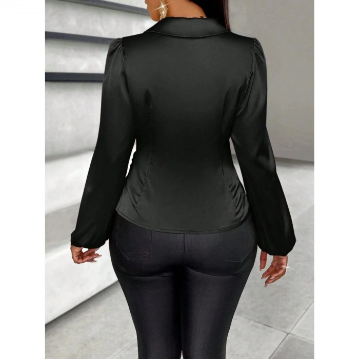 Kadın Uzun Kollu Kruvaze Yakalı Asimetrik Saten Bluz