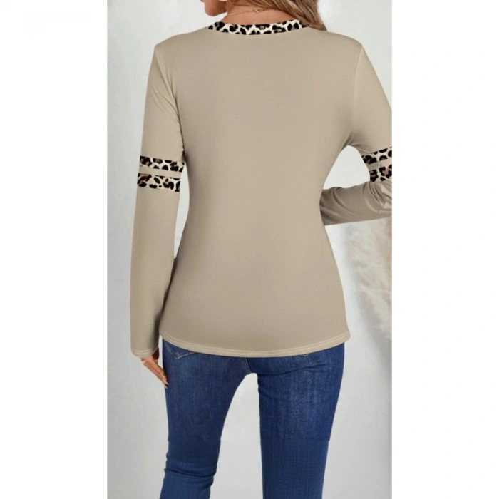 Kadın Uzun Kollu V Yakalı Leopar Desenli Viskon Iki Iplik Bluz