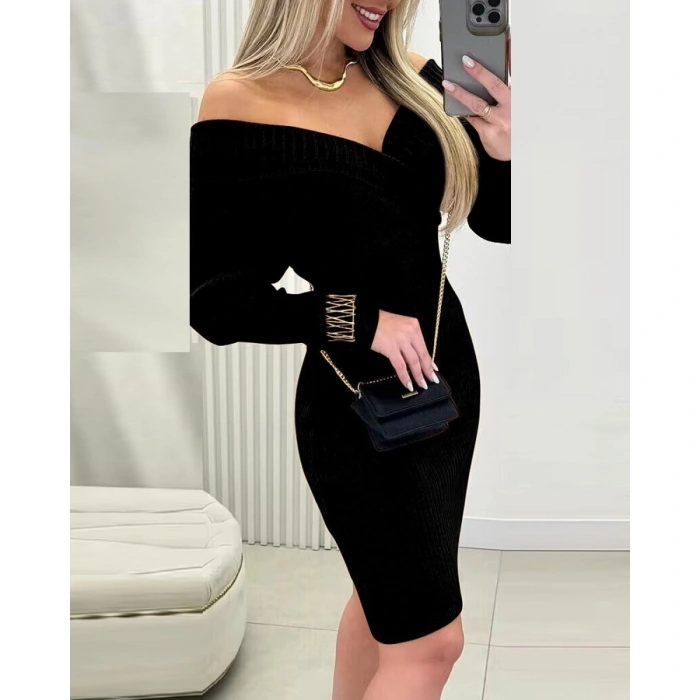 Kadın Uzun Kollu Omuzlardan Açık Kruvaze Yaka Kısa Triko Elbise