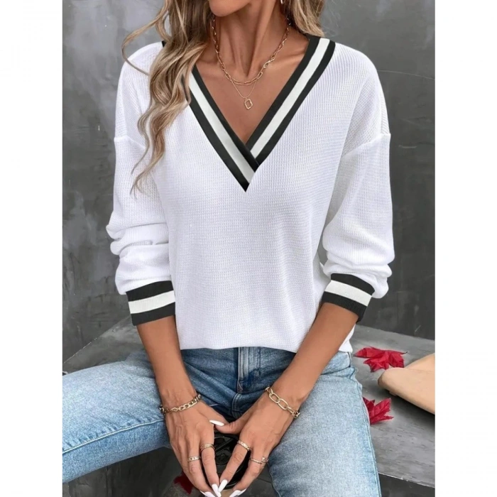Kadın Uzun Kollu V Yakalı Waffle Bluz