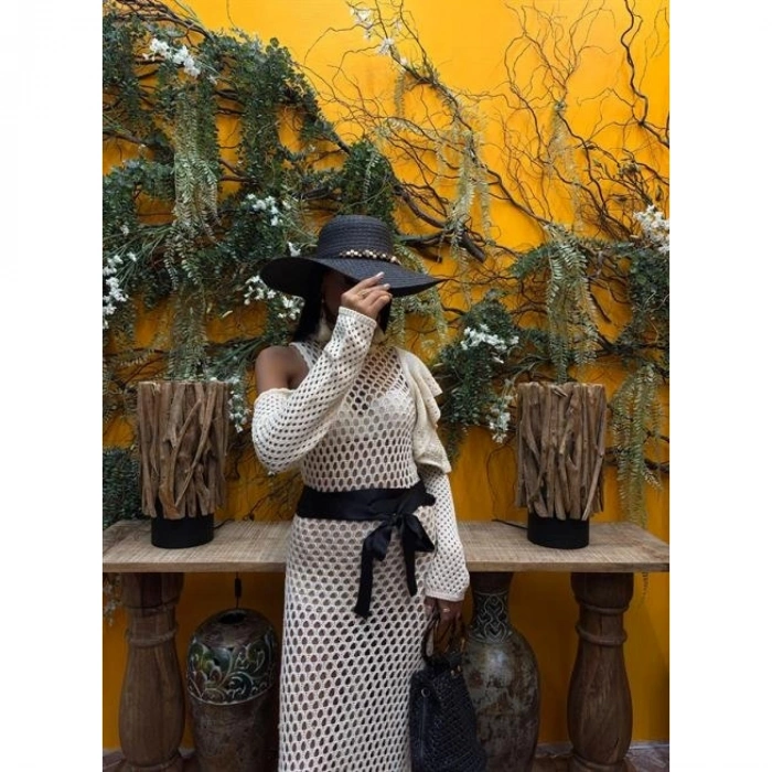 Saten Kuşaklı Ajurlu Triko Elbise 2847