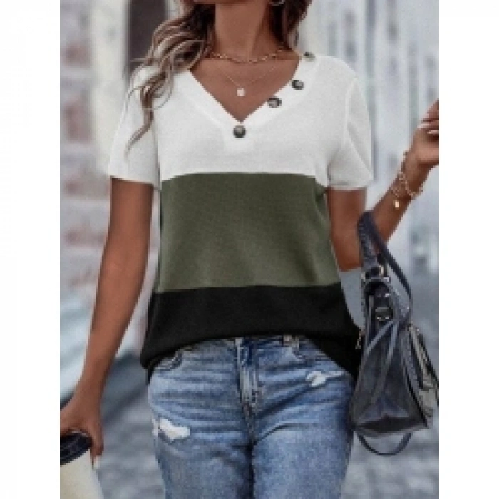 Kadın Kısa Kollu V Yakalı Düğmeli Waffle Bluz