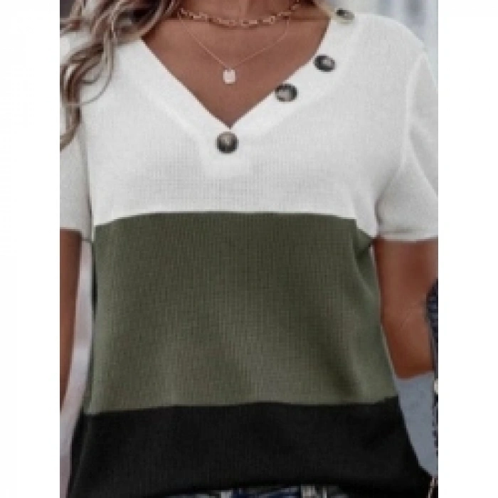 Kadın Kısa Kollu V Yakalı Düğmeli Waffle Bluz
