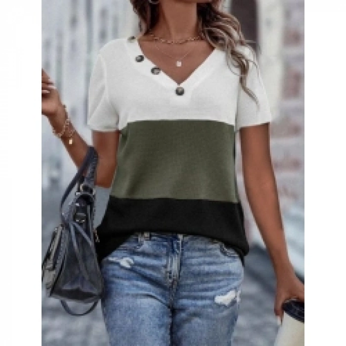 Kadın Kısa Kollu V Yakalı Düğmeli Waffle Bluz